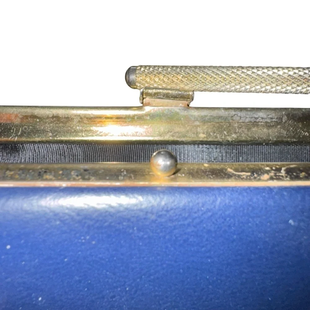 Vintage 50’s-60’s Navy Blue Trapezoid Dorris Day Clutch With Gold Hardware